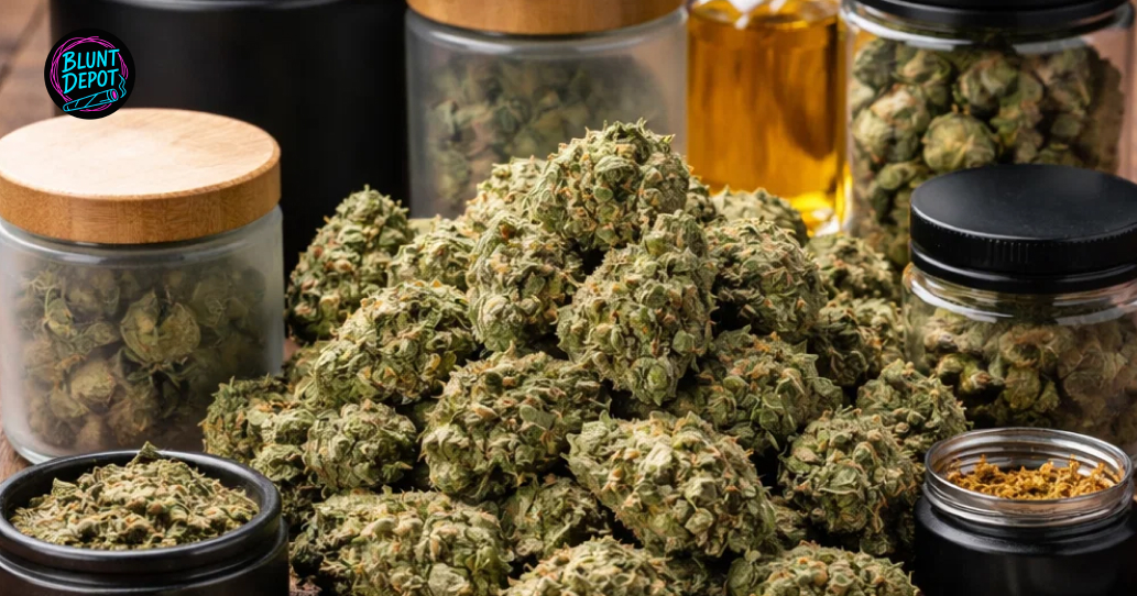 Glass jar containing London Pound Cake cannabis buds