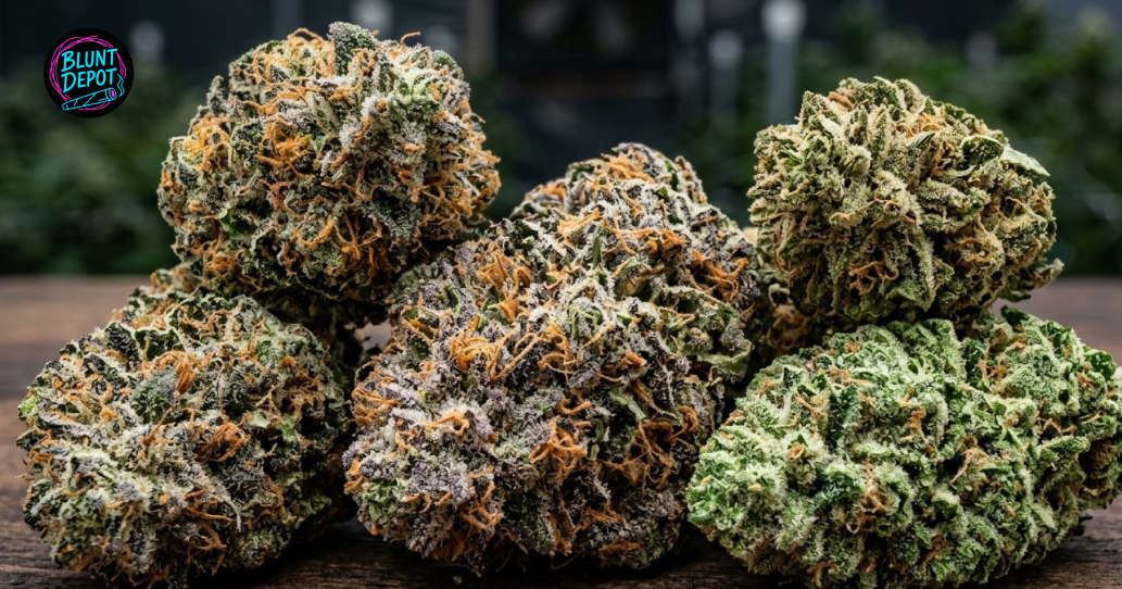 A collection of premium cannabis buds from the Blue Cookies weed strain showcasing diverse colors and textures.