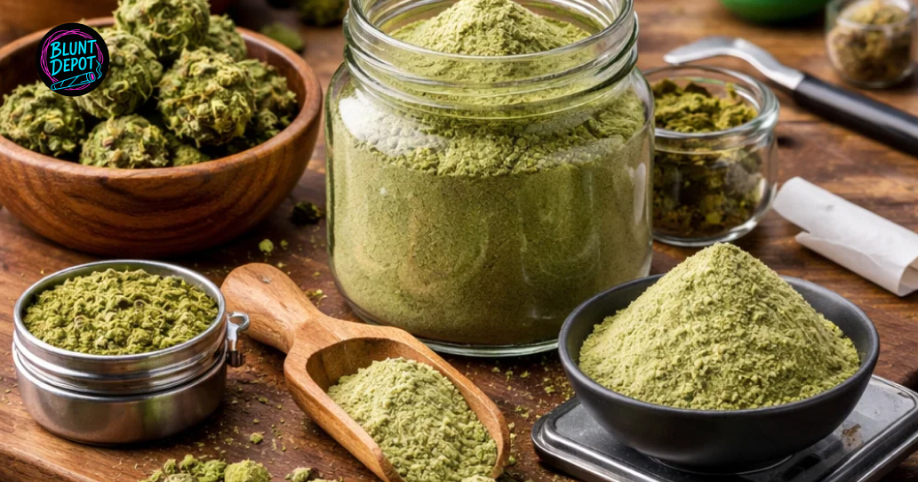 A collection of jars and bowls filled with fine, golden-green kief and ground flower from the Black Cherry Gelato strain.