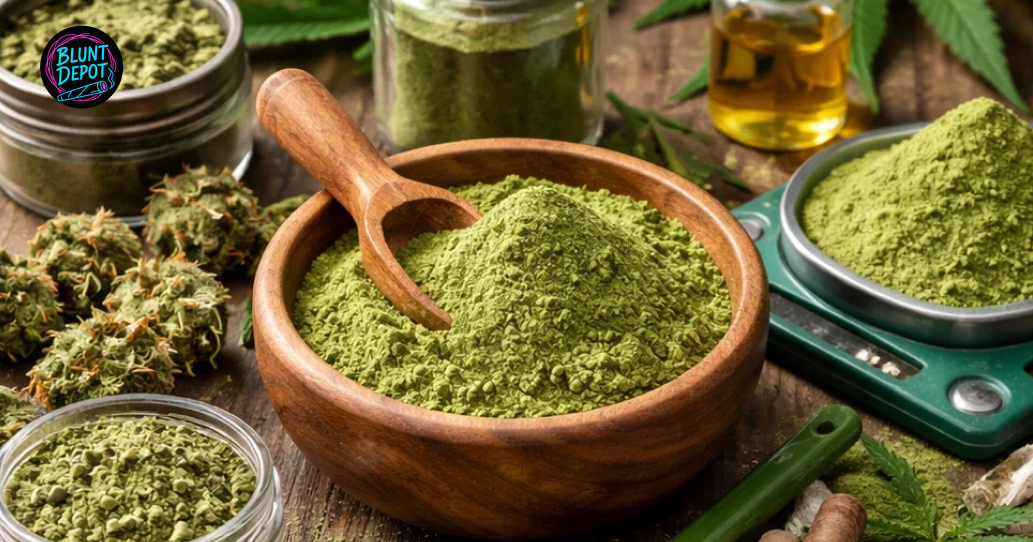 Wooden bowls and jars filled with fine green kief and processed Cap Junky weed strain cannabis on a rustic table.