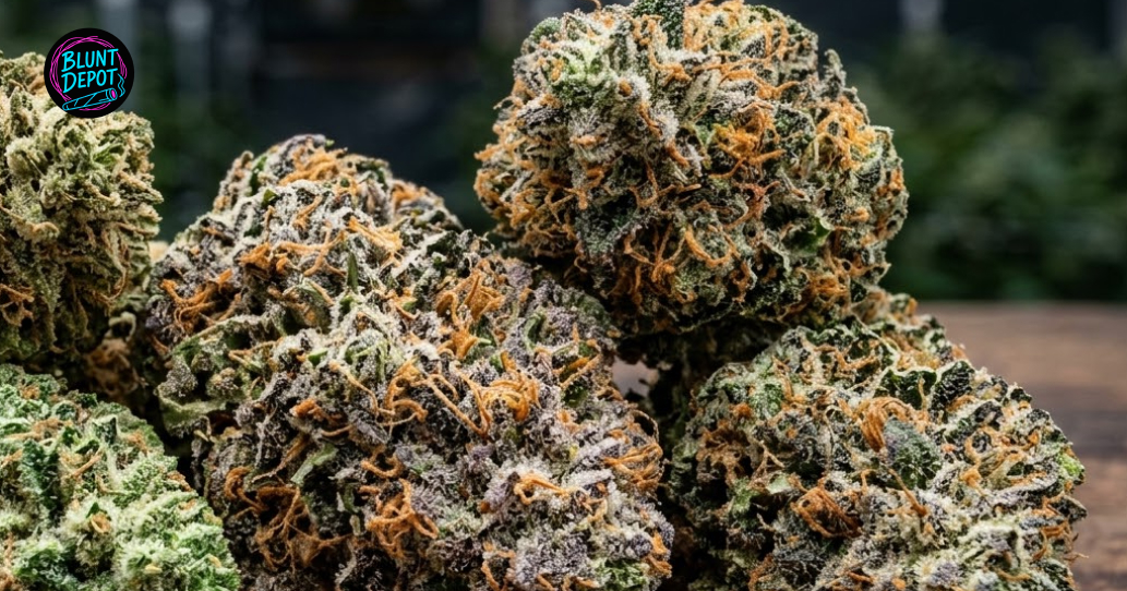 Multiple premium buds of the Trop Cherry weed strain with visible orange pistils and purple undertones.