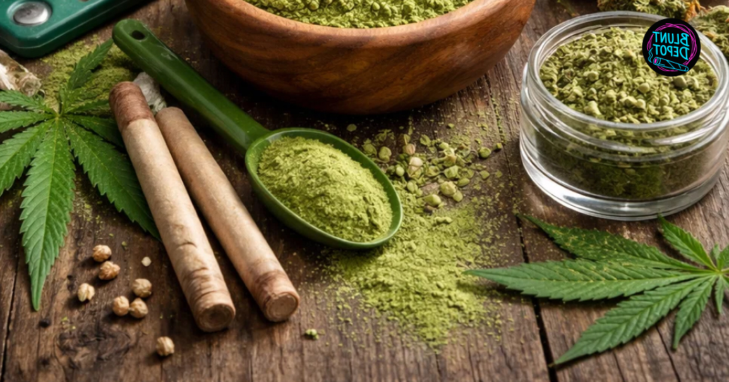 Various cannabis lifestyle products including ground Rainbow Runtz weed strain flower and pre-rolls.