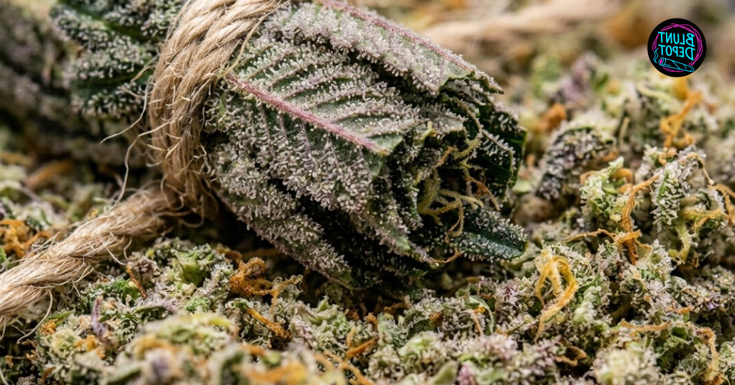 Bundle of resinous Jokerz weed strain cannabis leaves and flowers tied with natural twine.