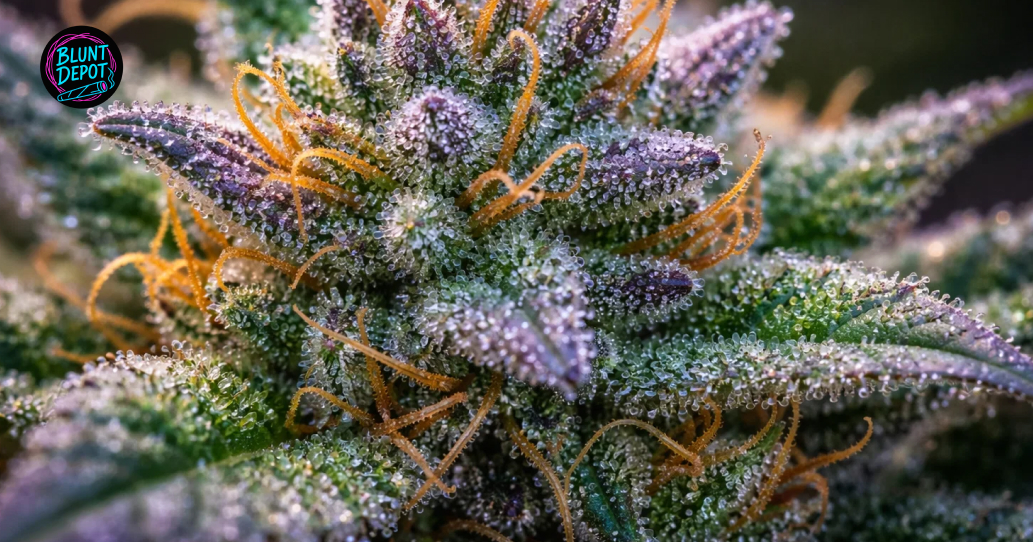 High-magnification shot of crystalline trichomes on a colorful Cherry Runtz weed strain cannabis flower.