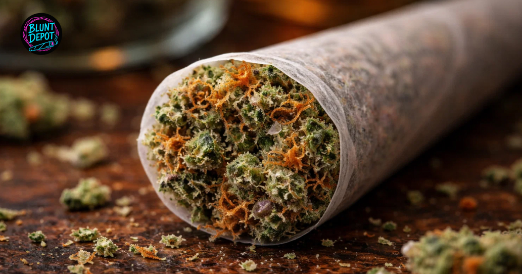 Macro shot of a cannabis joint filled with ground Red Velvet weed strain buds and orange hairs.