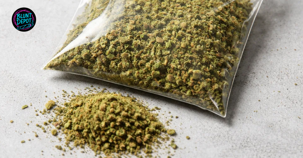 A bag of ground cannabis and a pile of Guava weed strain shake on a light grey surface.