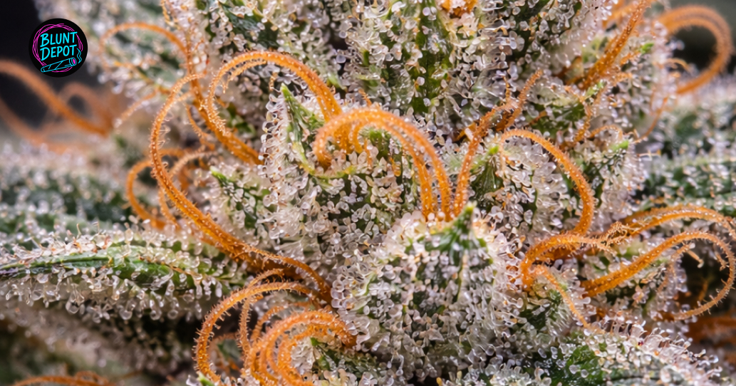 Several hand-trimmed buds of the Carbon Fiber weed strain arranged to show their resinous texture and dark hues.