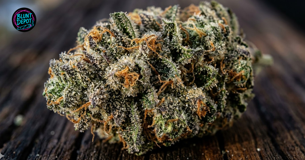 A cluster of premium Truffle weed strain buds with deep purple leaves and a heavy coating of frost.
