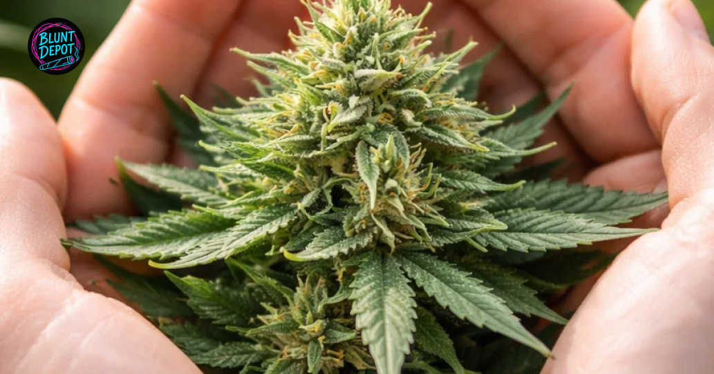 A detailed shot of top-shelf Limoncello weed strain flower with a thick frosting of crystalline resin.