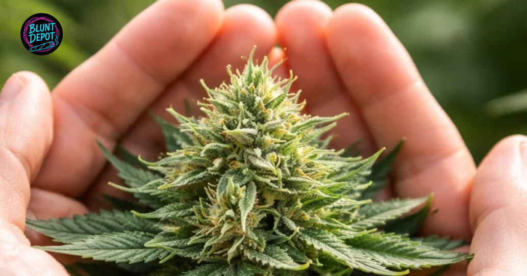 A collection of top-shelf Grape Pie weed strain buds with vibrant colors and a heavy coating of frosty trichomes.