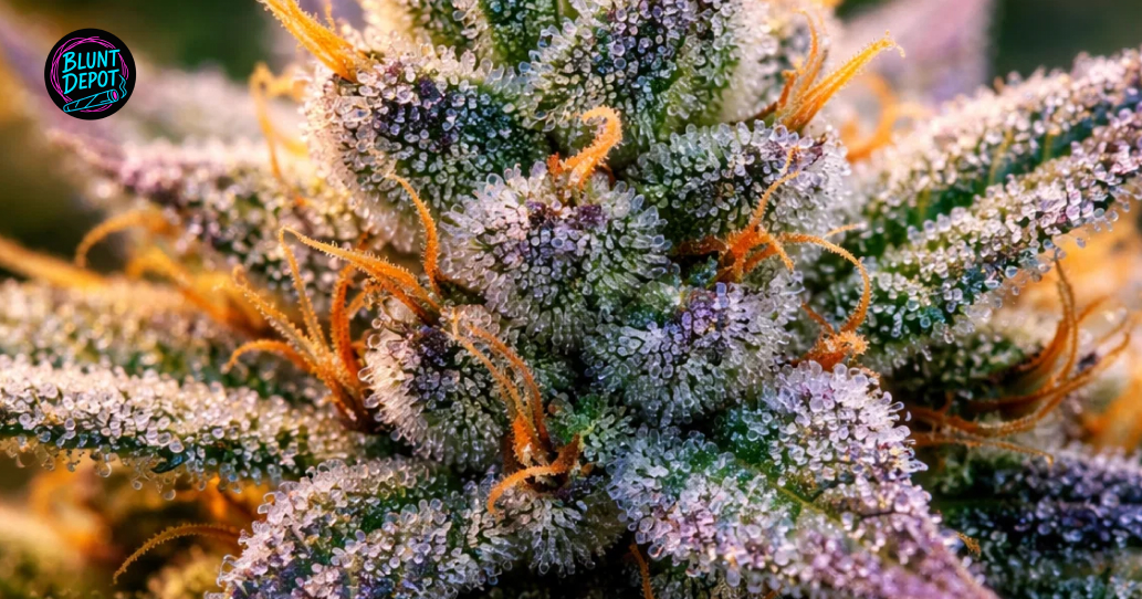 Several dense and frosty cannabis buds of the White Fire OG strain displayed on a dark surface.