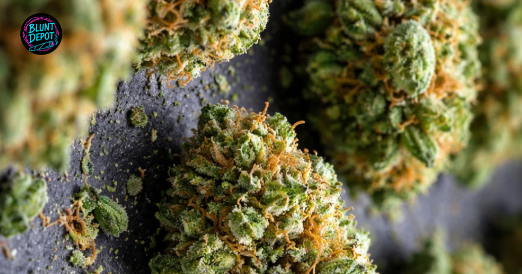 A silver spoon holding a pile of blonde kief collected from the frosty buds of the Blue Zushi weed strain.