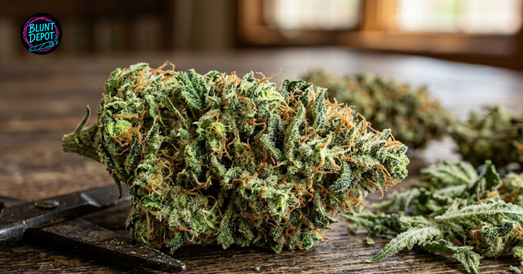 Glass jar containing premium Durban Poison weed strain cannabis buds on a clean surface.