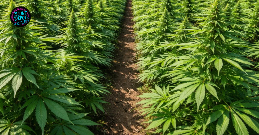 Symmetrical rows of Khalifa Kush plants flowering in a controlled indoor grow environment.