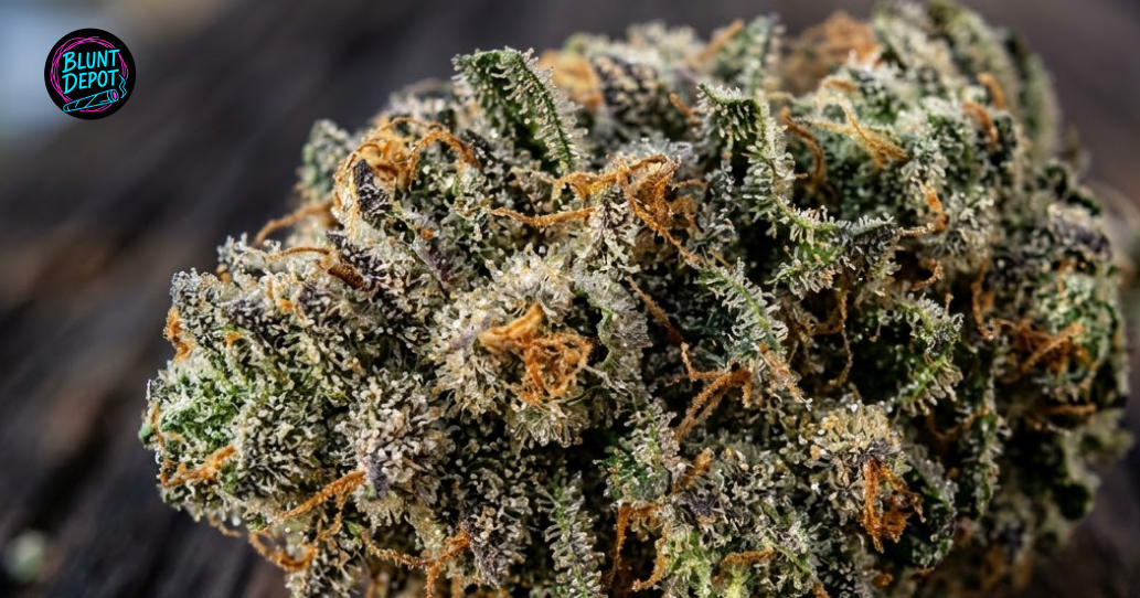 A premium indoor cannabis bud of the Skunk 1 strain with a frosty appearance on a dark background.