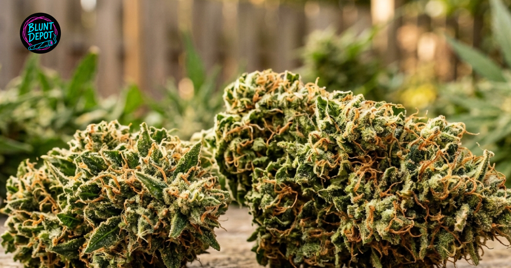 Two large, dense Ice Cream weed strain nuggets sitting on a wooden surface, showcasing their exotic terpene-rich coating.