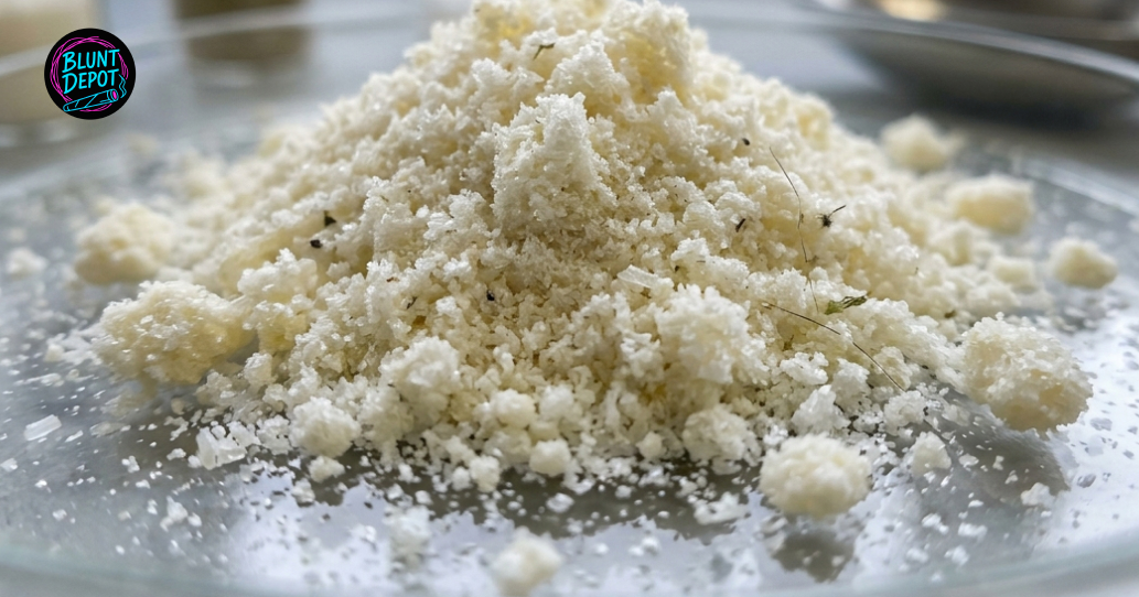 A pile of white, crystalline THCA diamonds or solventless extract from the Tropical Runtz weed strain on a glass surface.