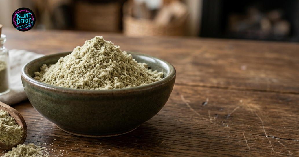 Lilac Diesel cannabis buds surrounded by fresh grapes, lavender, mint, and dark chocolate on a slate surface.