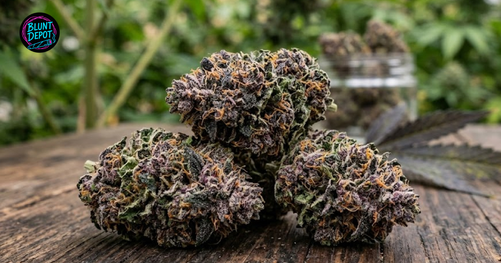 Glass jar filled with Super Lemon Haze weed strain cannabis buds on a clean background.
