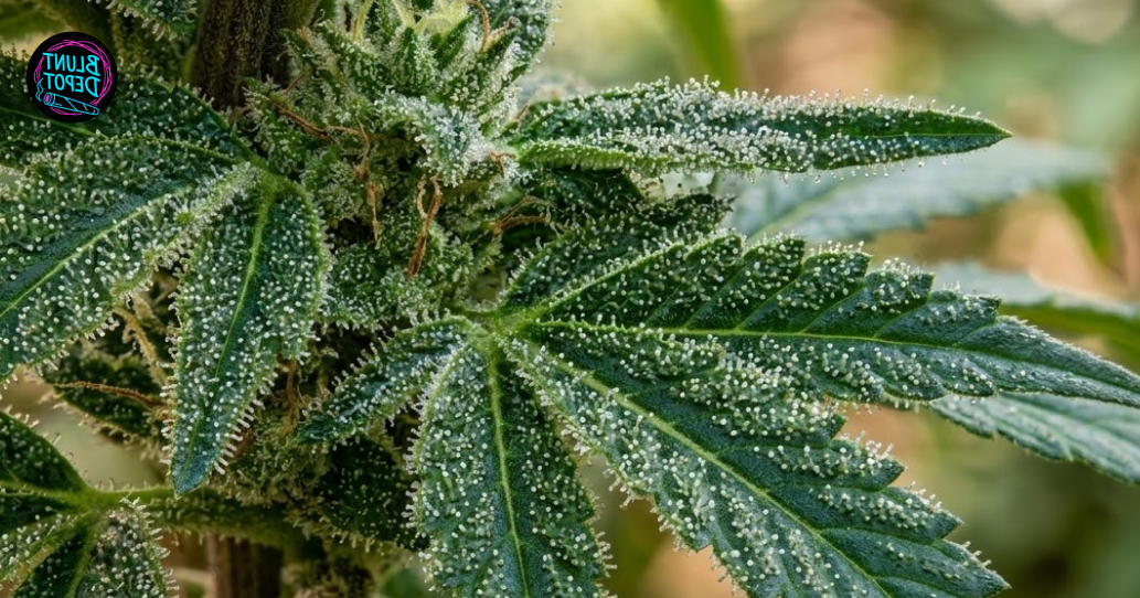 Macro close-up of a vibrant green cannabis sugar leaf from a Motorbreath strain plant covered in sparkling white trichomes.