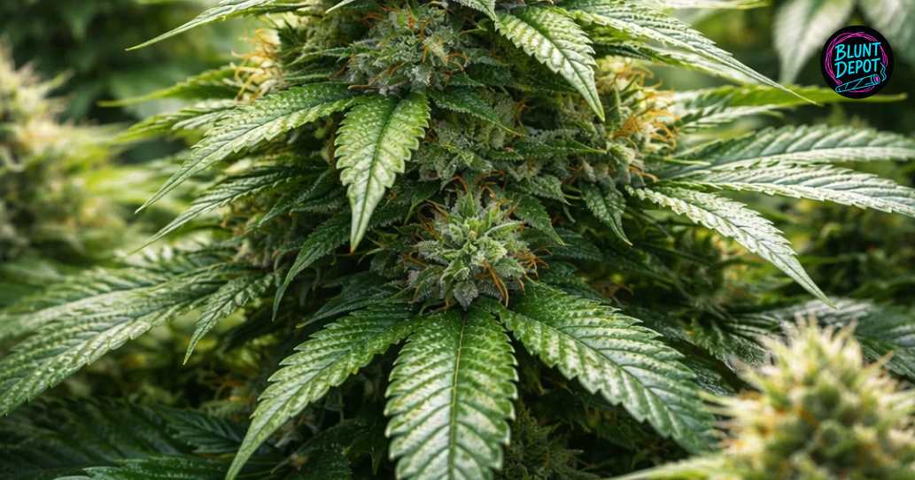 Extreme macro shot of the Mac 1 weed strain glistening with a dense coating of milky white resin glands.