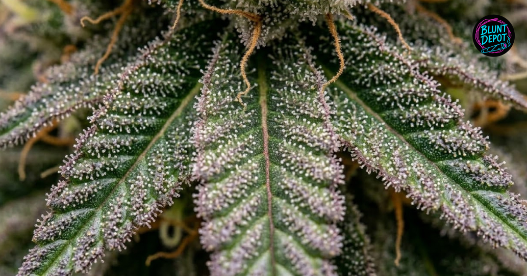Detailed view of a cannabis leaf from the Blue Cookies strain covered in a thick layer of frosty trichomes.