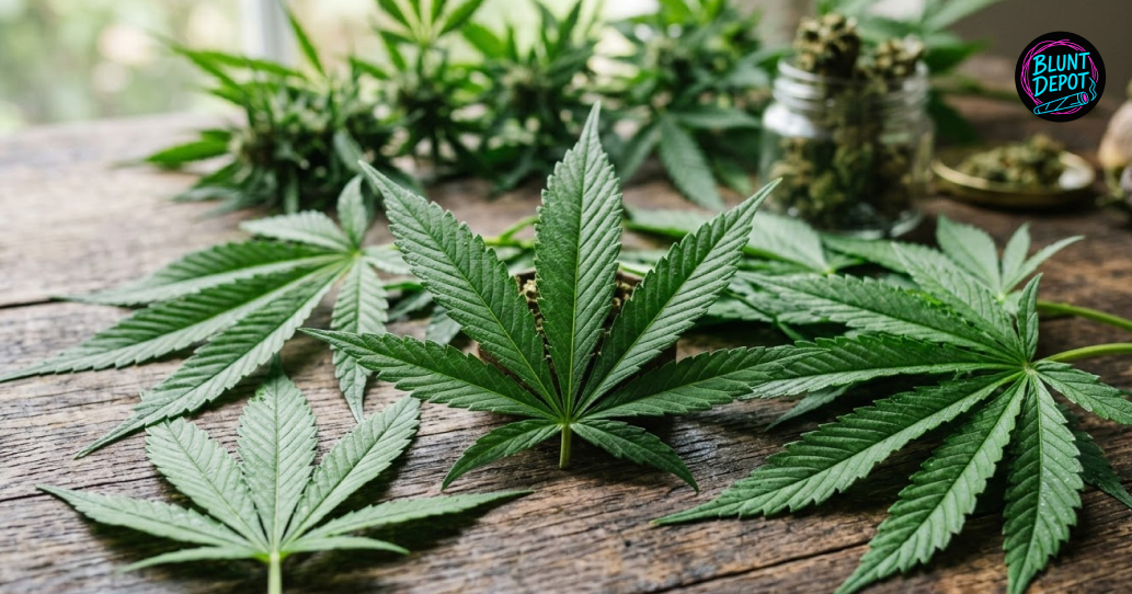 Several vibrant green cannabis fan leaves from the Cap Junky strain laid out on a wooden surface with jars of flower in the background.