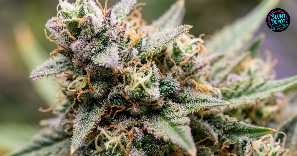 A live Trop Cherry weed strain plant showing frosty cannabis flower and healthy sugar leaves.