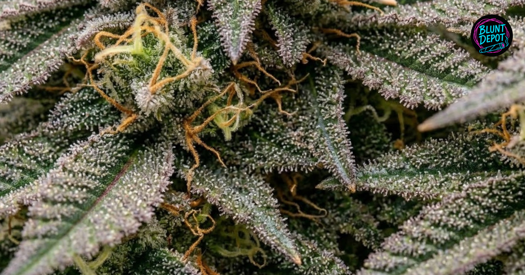 Extreme macro shot of glandular trichomes on the leaves and calyxes of the Rainbow Runtz weed strain.