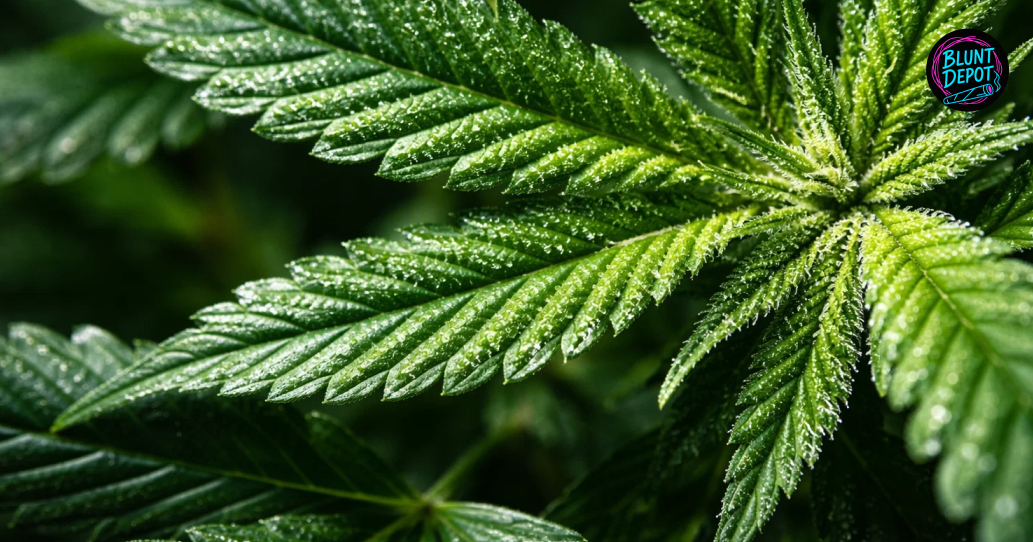 Lush green cannabis leaves from a Cotton Candy weed strain plant dusted with white crystalline resin.