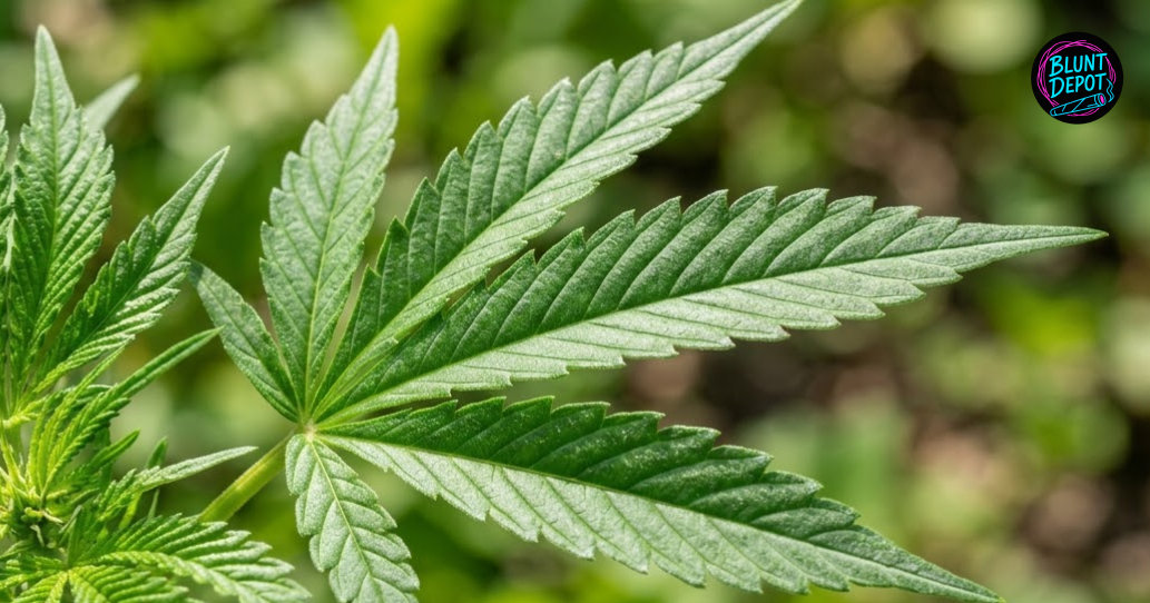 Close-up of a Watermelon Z weed strain cannabis leaf dusted with frosty trichomes on a blurred green background.