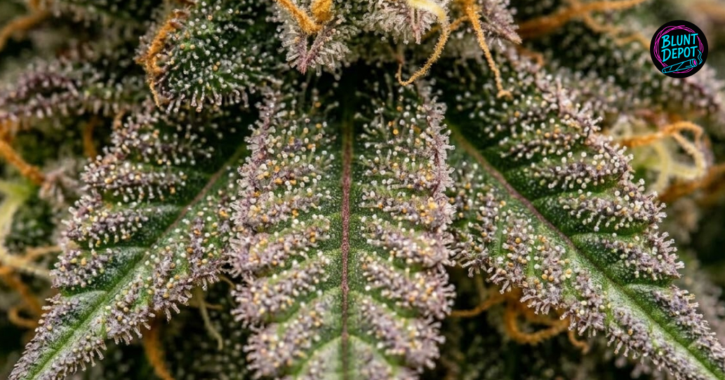 Macro photography of purple-tinted sugar leaves from the Jokerz weed strain covered in resin glands.