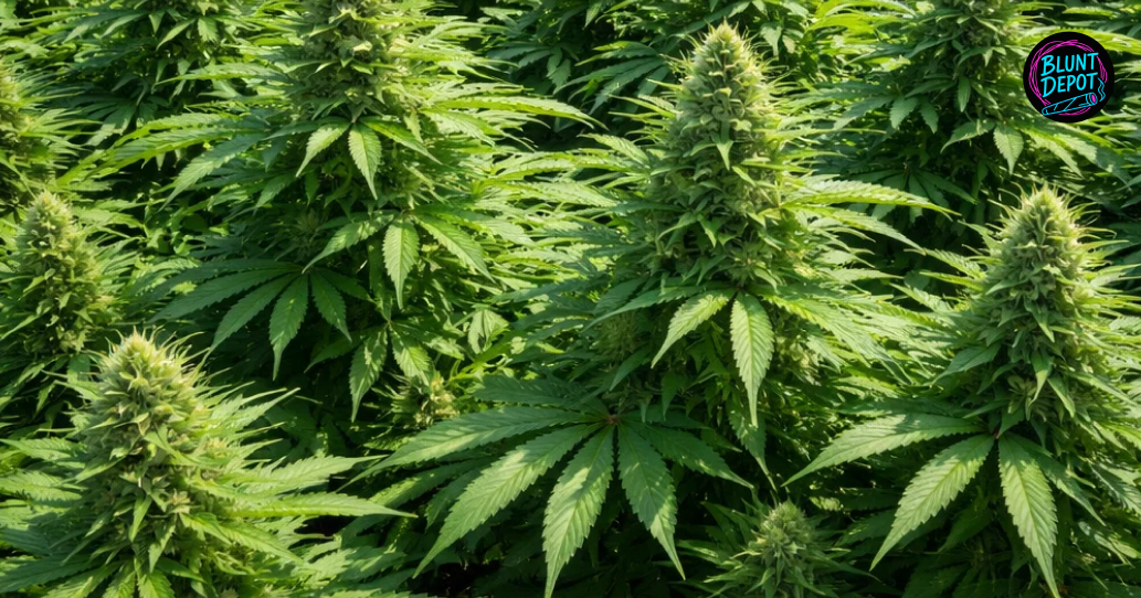 Wide-angle view of multiple healthy cannabis plants of the Cherry Runtz weed strain in a grow room.