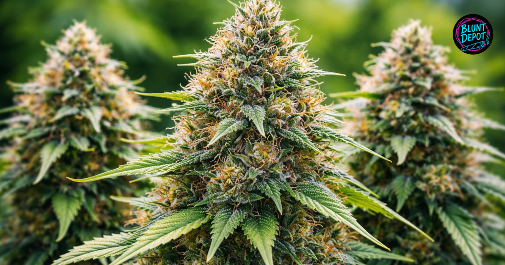 A row of flowering Red Velvet weed strain cannabis plants with large, frosty main colas.