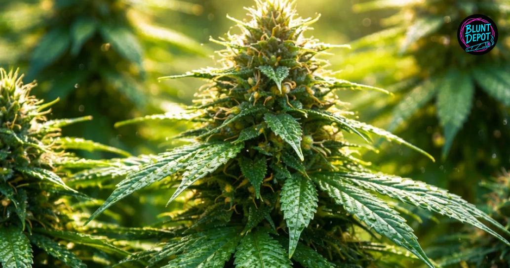A large, healthy cannabis cola of the Haze strain covered in white crystalline resin on the plant.