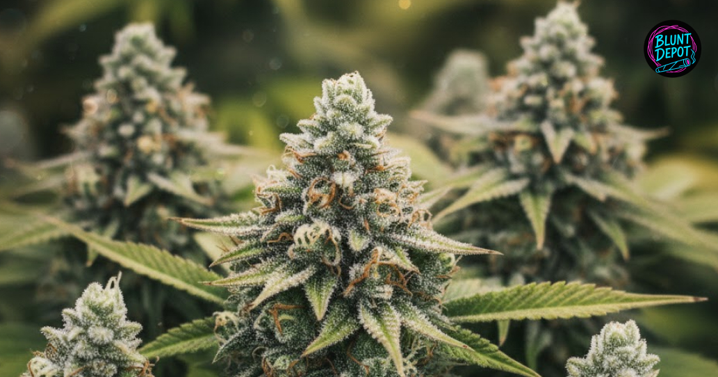 A large, frosty cannabis flower head of the Grape Pie strain growing on a healthy plant with dense calyxes.