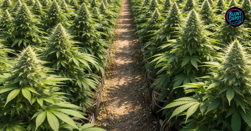 Flowering White Fire OG weed strain plants in an indoor cultivation facility with large resinous colas.