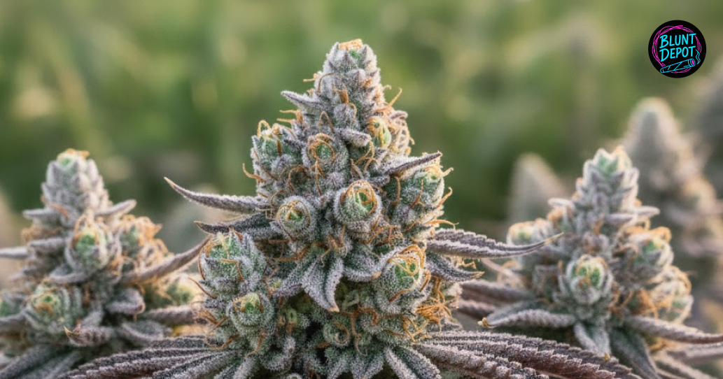 Several large, resin-coated buds of the HeadBang weed strain displayed together to show texture and quality.