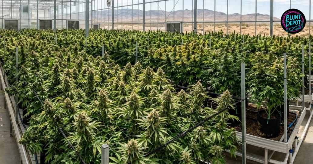 Multiple dense and frosty Galactic Jack weed strain buds grouped together to highlight their resinous texture and quality.