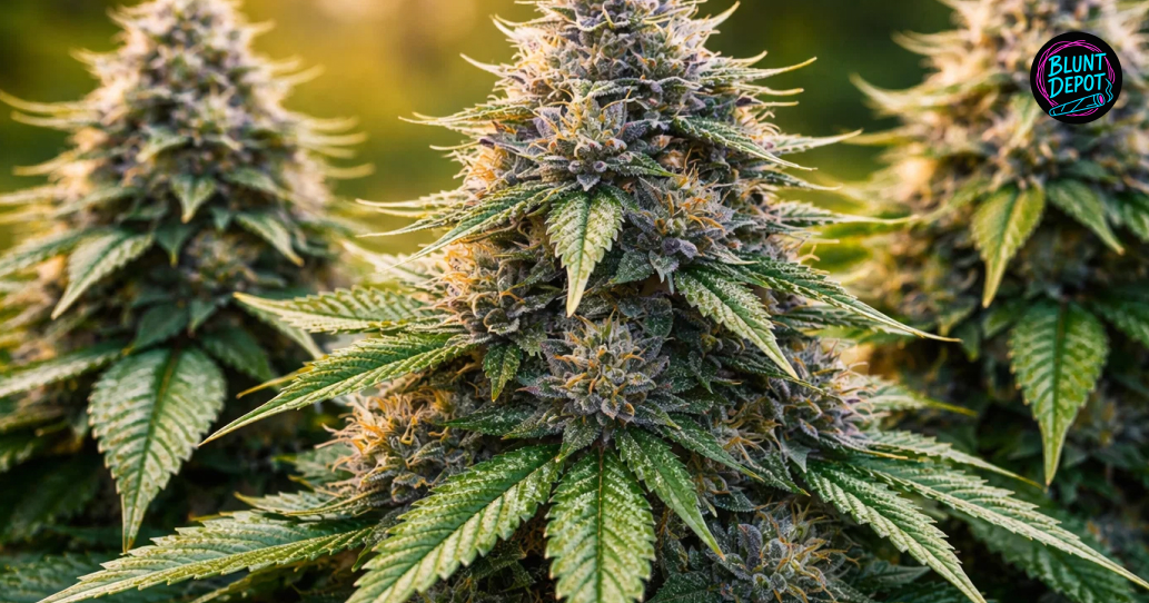 Several frosted Blue Zushi weed strain buds grouped together to highlight their consistent resinous coating.