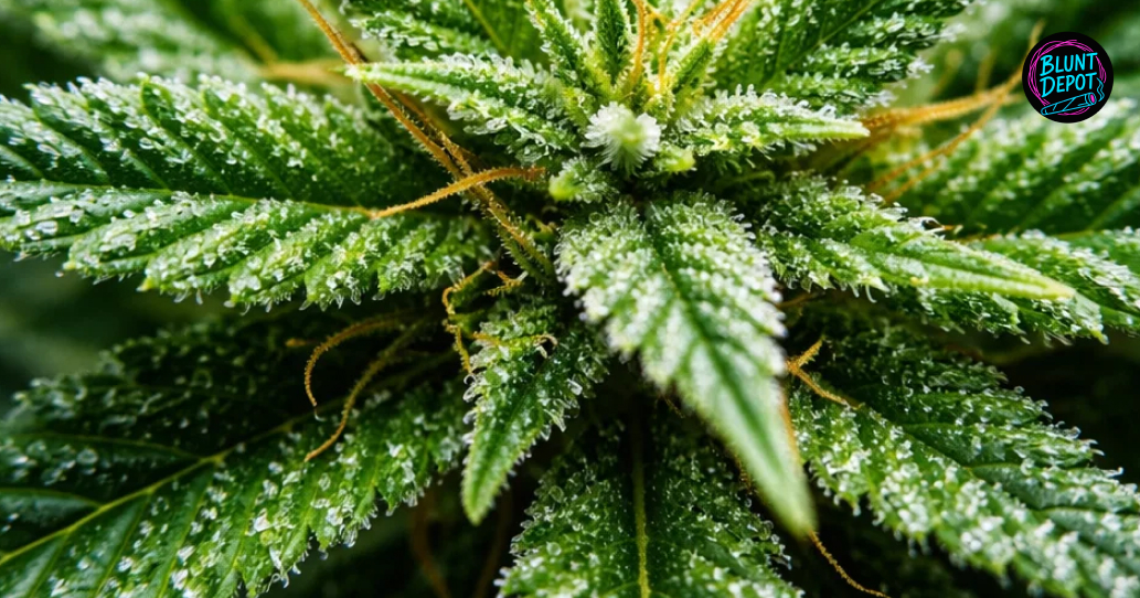 Extreme close-up of milky white trichomes and resin glands on a Khalifa Kush cannabis leaf.