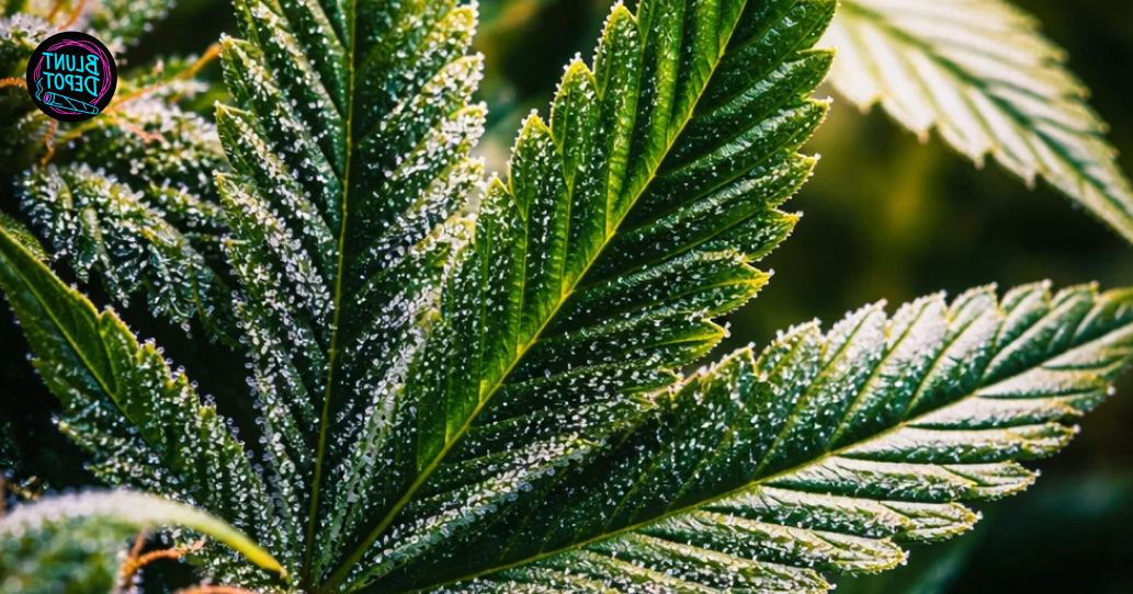 Close up view of cannabis leaves covered in a thick layer of white trichome crystals.