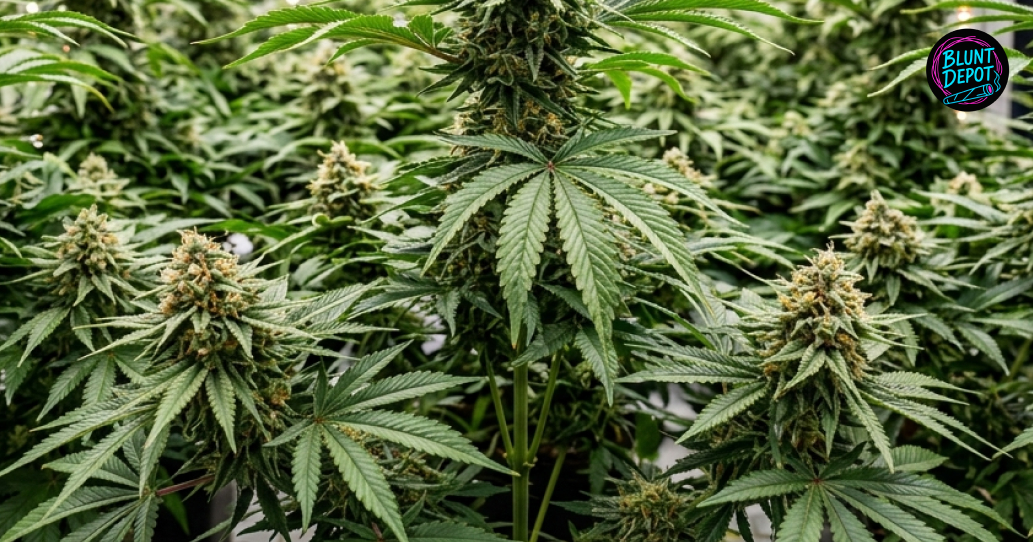 A wide shot of several Ice Cream weed strain plants with large green fan leaves and developing flowers in a grow room.