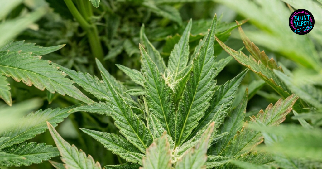 Detailed view of green Tropical Runtz weed strain leaves with visible resin starting to form on the edges.
