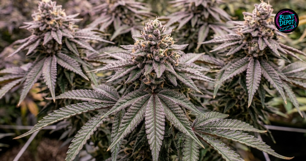 A canopy of flowering Grape Gasoline weed strain plants featuring dense purple-tinted buds.
