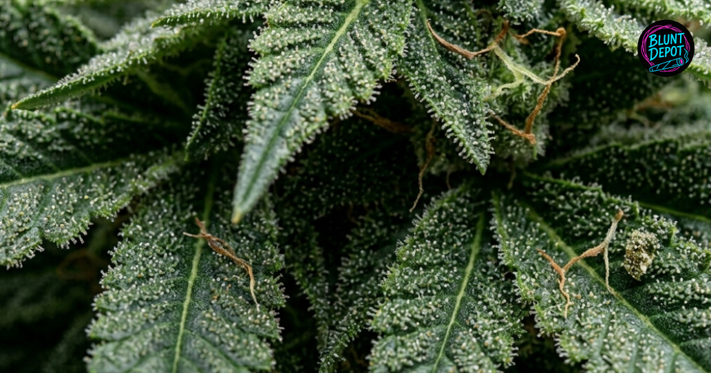 A canopy of flowering Lilac Diesel strain plants in an indoor grow room with resinous, heavy buds.