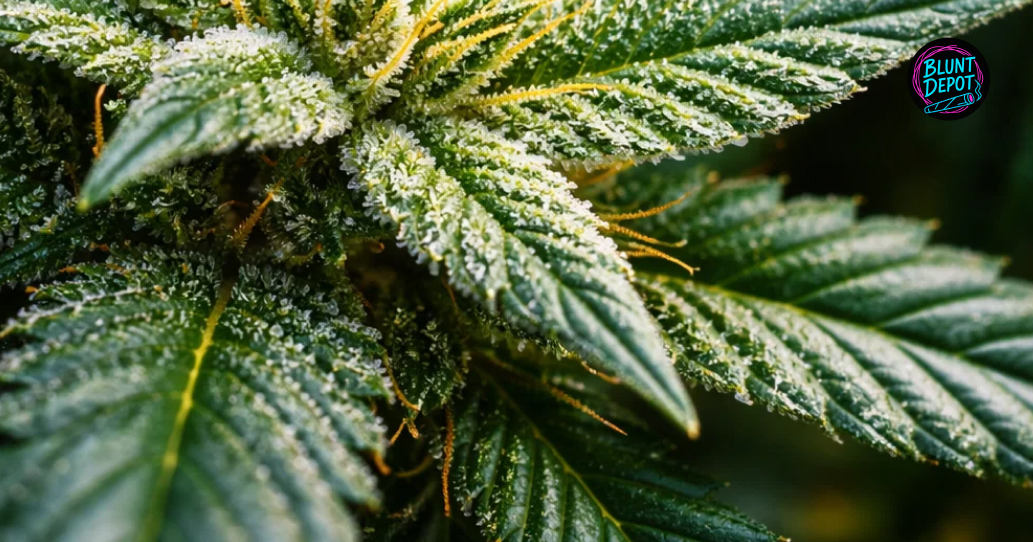 A live Mac 1 weed strain plant with frosty, heavy flower clusters and healthy fan leaves under professional grow lights.