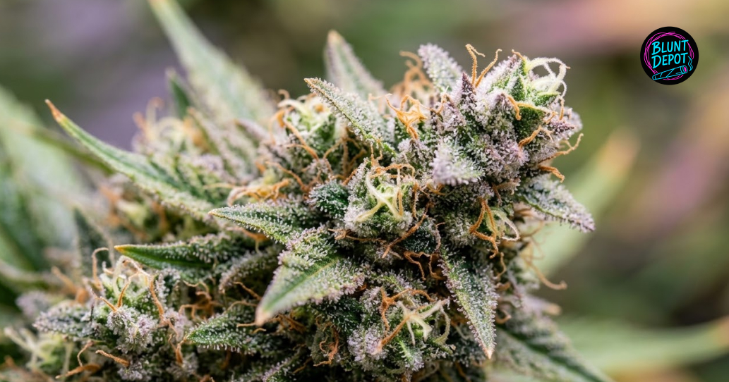 Close-up of a mature Blue Cookies cannabis flower with purple accents and heavy crystalline frost.