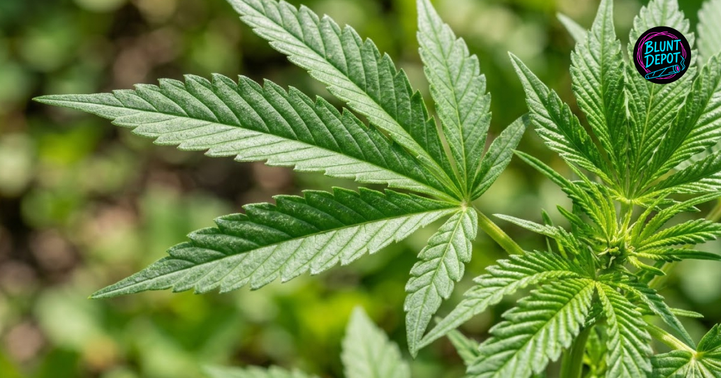 A detailed close-up of a bright green cannabis fan leaf from the Black Cherry Gelato strain against a blurred garden background.