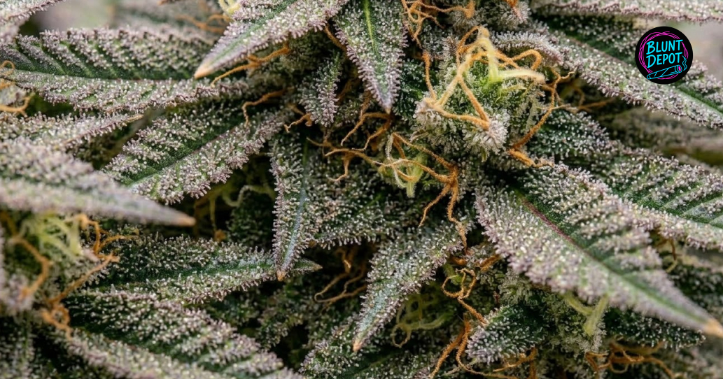 A tight close-up of frosty Cap Junky cannabis leaves and buds showing extreme resin density and amber hairs.